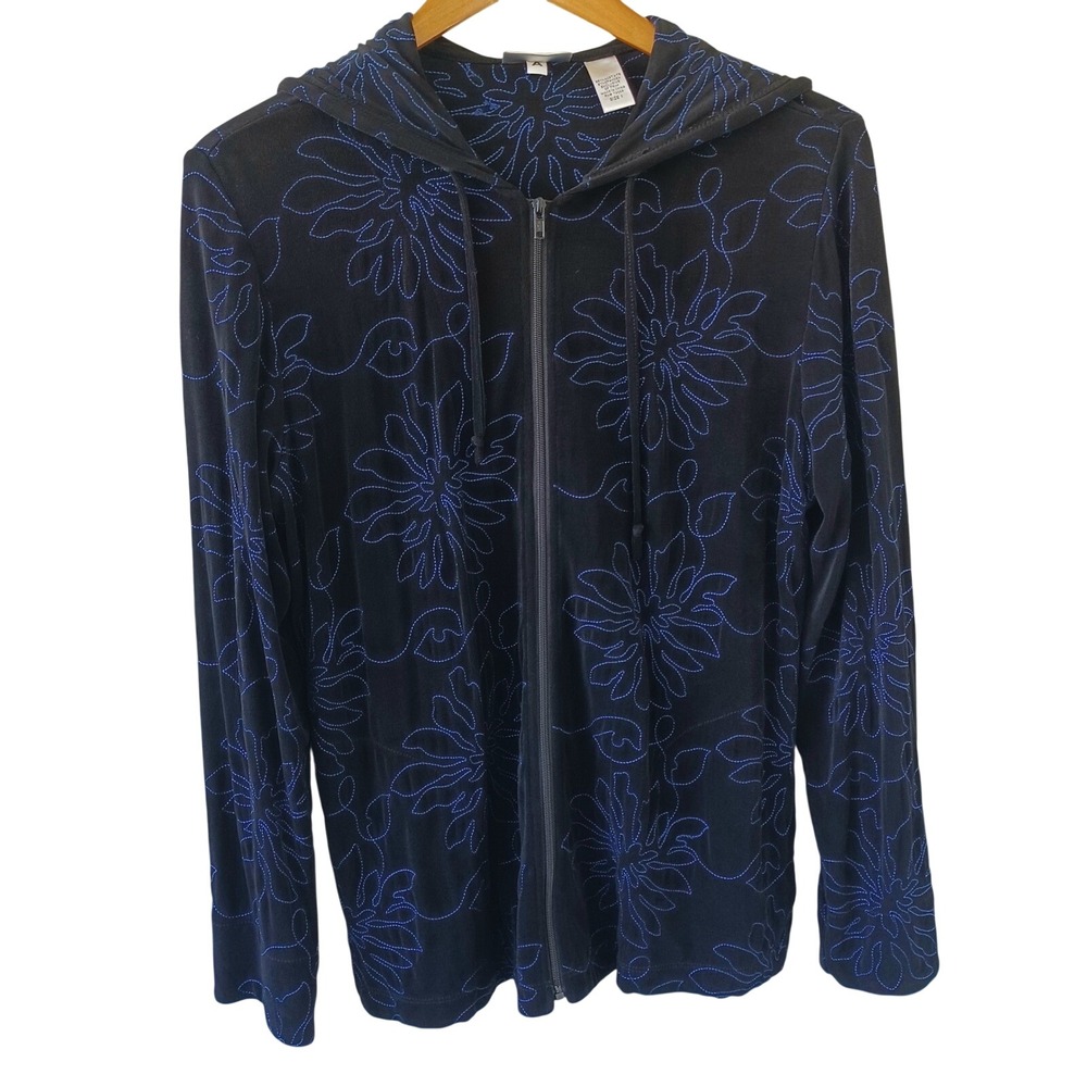 Chico's Travelers Womens Size 1 Black Blue Floral Embroidered Zip  Hoodie Jacket